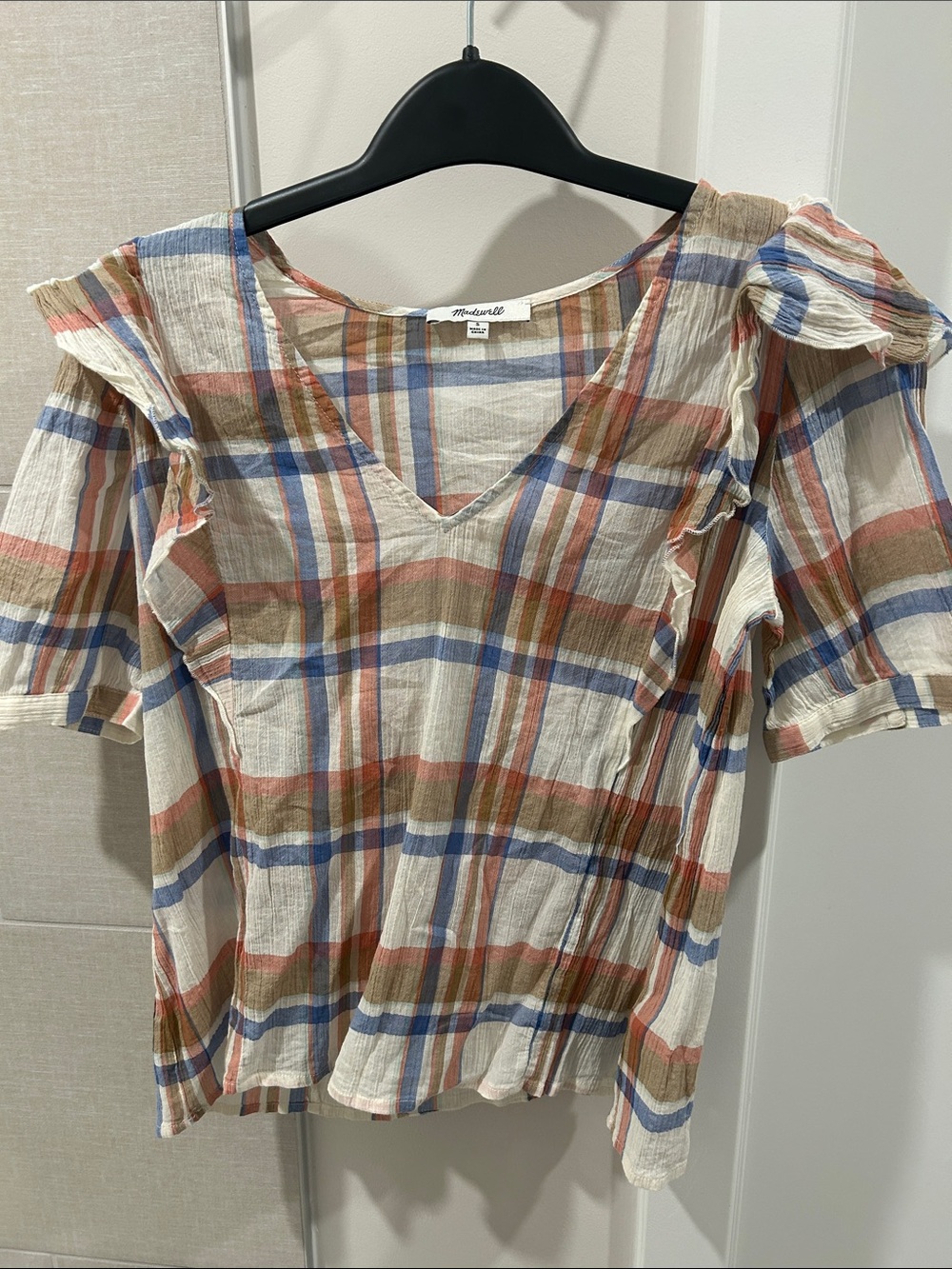 EUC Madewell V-Neck Shoulder-Ruffle Top in Plaid (S) - Picture 3 of 5